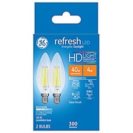 Refresh HD Decorative LED Light Bulbs, Candelabra-Base, Daylight, Clear, Dimmable, 300 Lumens, 4-Watts, 2-Pk.