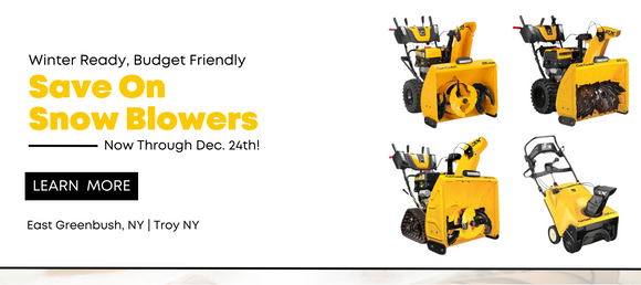 Promotional banner featuring yellow Cub Cadet snow blowers with text reading ‘Winter Ready, Budget Friendly – Save On Snow Blowers Now Through Dec. 24th!’ Includes a Learn More button and store locations in East Greenbush, NY and Troy, NY.
