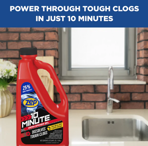 Zep 10 Minute Drain Opener Gel – Dissolves Hair and Clogs – 64 oz