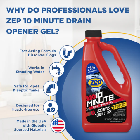 Zep 10 Minute Drain Opener Gel – Dissolves Hair and Clogs – 64 oz