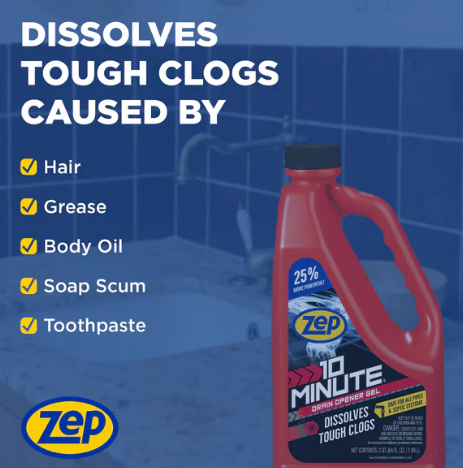 Zep 10 Minute Drain Opener Gel – Dissolves Hair and Clogs – 64 oz