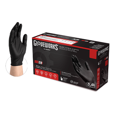 AMMEX Gloveworks Black Nitrile PF Ind SM Gloves