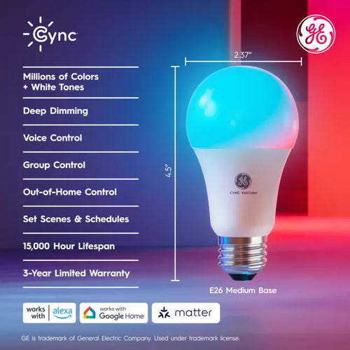 GE Cync A19 Smart LED Light Bulb, Color Changing WiFi Light, Works with Alexa and Google Home