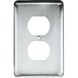Duplex Wall Plate, 1-Gang, Stamped, Round, Polished Chrome Steel
