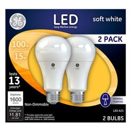 LED Light Bulbs, Soft White, Non-Dimmable, 1600 Lumens, 15-Watts, 2-Pk.