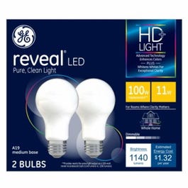 HD+ Reveal LED Light Bulb, A19 Mid Base, 1140 Lumens, 11-Watts, 2-Pk.