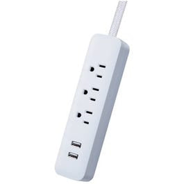 Power Strip, 2 USB Ports, Fabric-Covered Cord, White, 6-Ft.