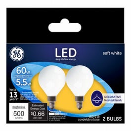 Decorative LED Light Bulbs, Candelabra Base, Soft White, Frosted, Dimmable, 500 Lumens, 5.5-Watts, 2-Pk.
