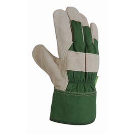 Garden Gloves, Leather-Palm, Canvas Back, Green, Women's Medium