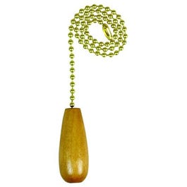 Lamp Pull Chain, Brass With Wood Cylinder, 12-In.