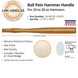 Link Handles 16" Ball Pein Machinist Hammer Handle For 24 to 28 Oz Hammers