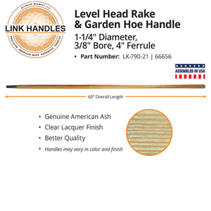 Seymour Link Handle 60" level head rake and garden hoe Handle, 1-1/4" diameter, ferruled, 3/8" bore