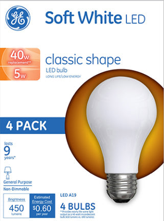 5W Med A19 LED SW  GLASS 40W Eq. 4 pk NON
