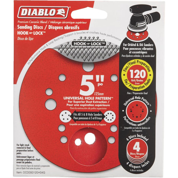 Diablo 5 In. 120-Grit Universal Hole Pattern Vented Sanding Disc with Hook and Lock Backing (4-Pack)