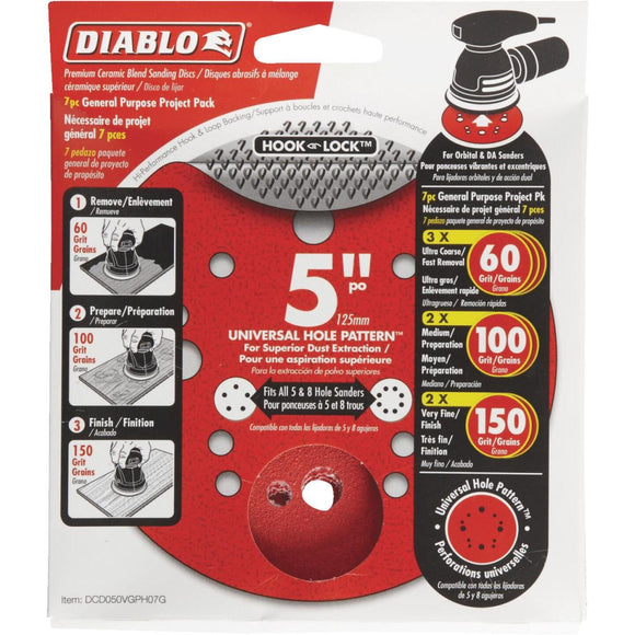 Diablo 5 In. Assorted (60/100/150-Grit) Universal Hole Pattern Vented Sanding Disc with Hook and Lock Backing (7-Pack)