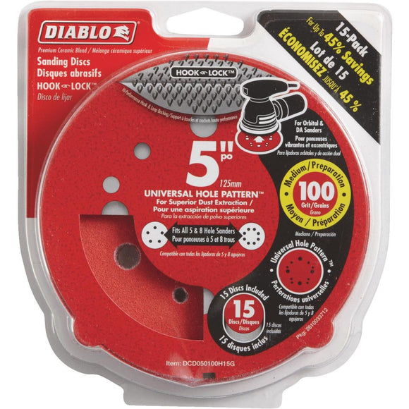 Diablo 5 In. 100-Grit Universal Hole Pattern Vented Sanding Disc with Hook and Lock Backing (15-Pack)