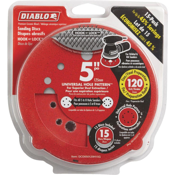 Diablo 5 In. 120-Grit Universal Hole Pattern Vented Sanding Disc with Hook and Lock Backing (15-Pack)