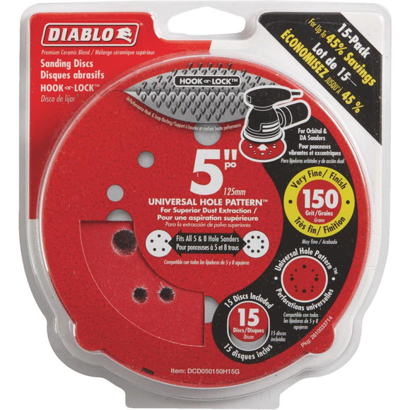 Diablo 5 In. 150-Grit Universal Hole Pattern Vented Sanding Disc with Hook and Lock Backing (15-Pack)