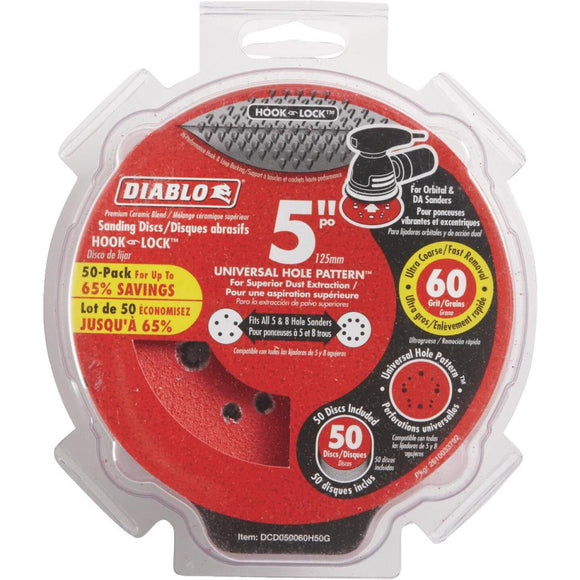 Diablo 5 In. 60-Grit Universal Hole Pattern Vented Sanding Disc with Hook and Lock Backing (50-Pack)
