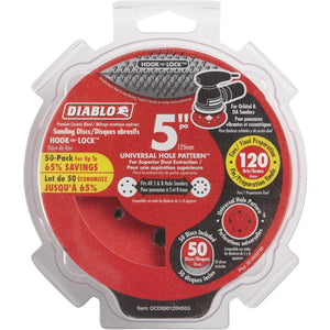 Diablo 5 In. 120-Grit Universal Hole Pattern Vented Sanding Disc with Hook and Lock Backing (50-Pack)