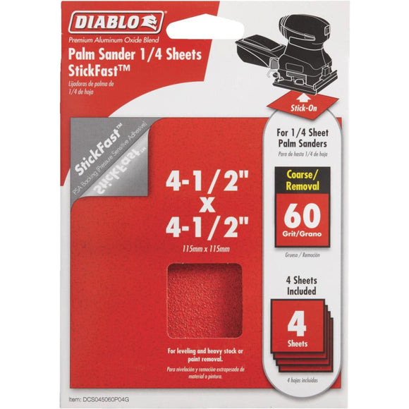 Diablo StickFast 60 Grit 4-1/2 In. x 4-1/2 In. 1/4 Sheet Palm Sander Power Sanding Sheet (4-Pack)