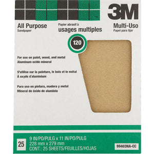 3M All-Purpose 9 In. x 11 In. 120 Grit Fine Sandpaper (25-Pack)