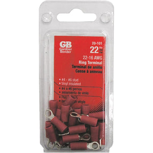 Gardner Bender 22 to 16 AWG #4 to #6 Stud Size Red Vinyl-Insulated Barrel Ring Terminal (22-Pack)