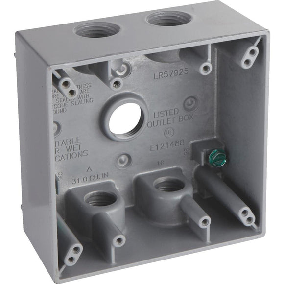 Bell 2-Gang 1/2 In. 5-Outlet Gray Aluminum Weatherproof Outdoor Outlet Box, Shrink Wrapped
