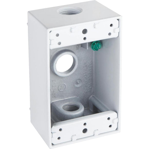 Bell Single-Gang 1/2 In. 3-Outlet White Aluminum Weatherproof Outdoor Outlet Box, Shrink Wrapped