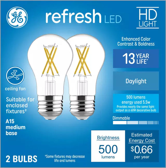 GE Refresh HD LED 60 Watt Replacement, Daylight, A15 Ceiling Fan Bulbs (2 Pack)